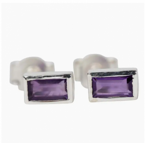 Silver Amethyst Baguette Earrings