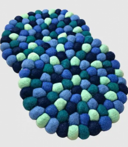 Circle Felted Ball Trivet Blue