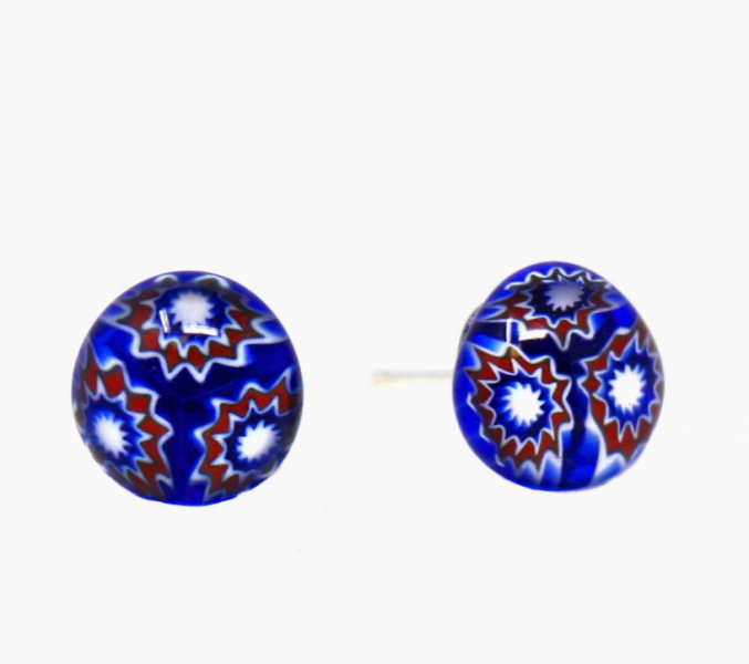 Round Glass Stud  Earrings - Blue Flower